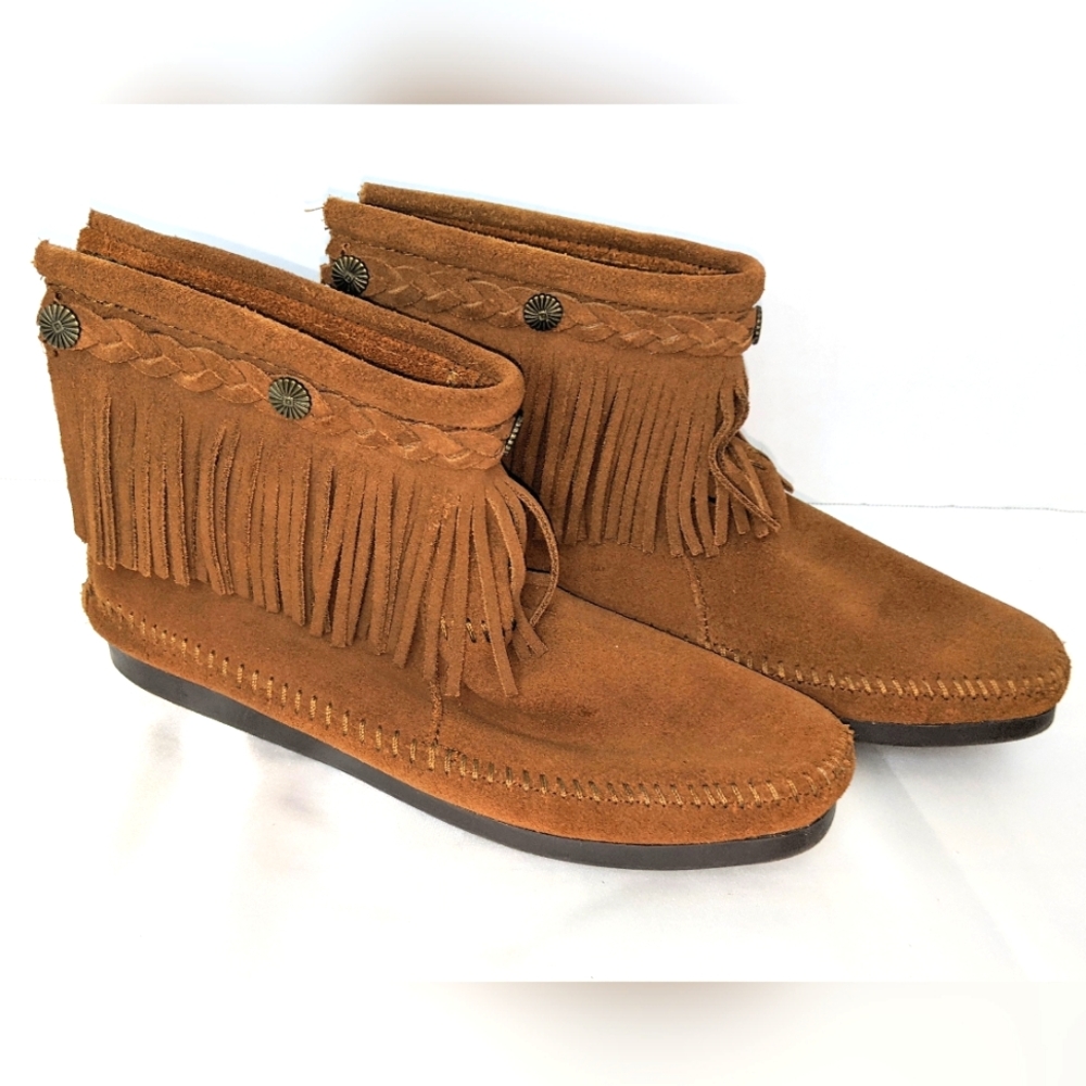 Minnetonka Womens Hi-Top Back Zip Suede Fringe Ankle Booties Brown 293 Size 9
